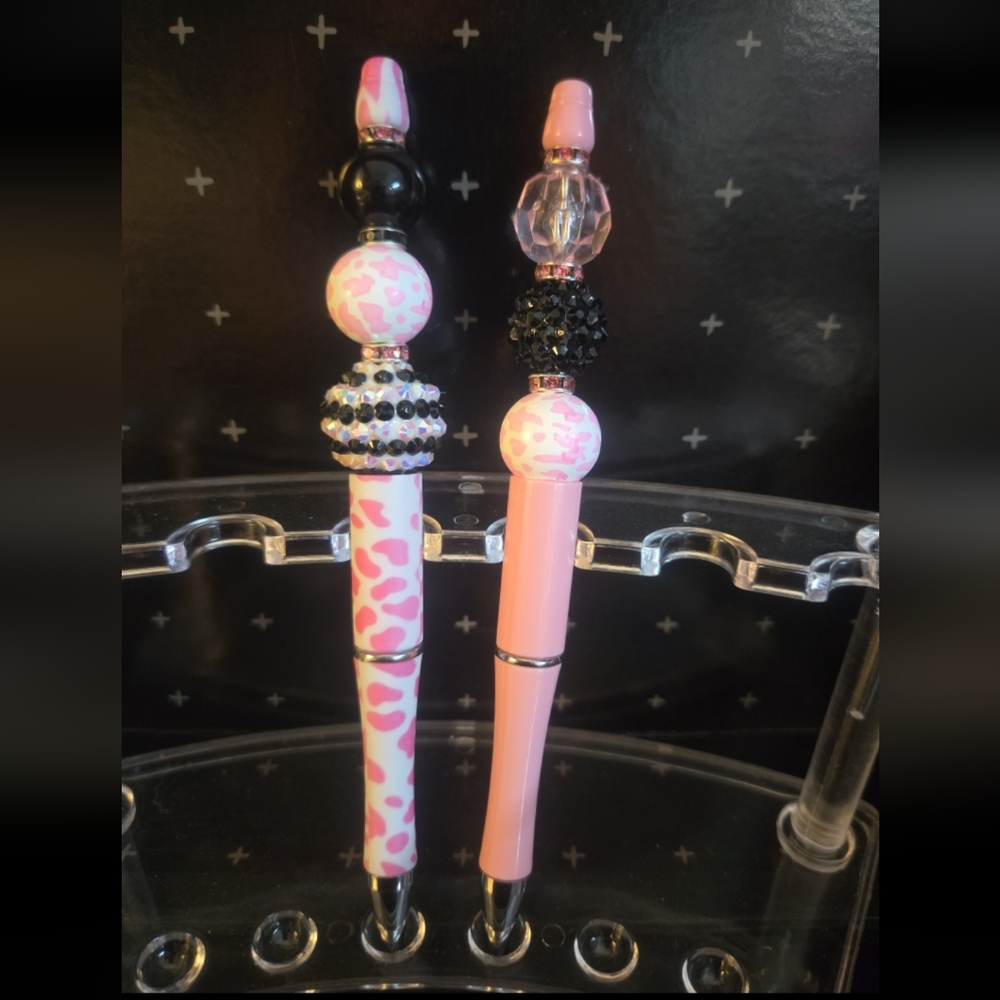 Pink & Black Cow Print Bling Beaded Ink Pens (Sold Individually)